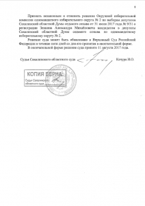 Решение суда об отмене регистрации кандидата Александра Зенкина